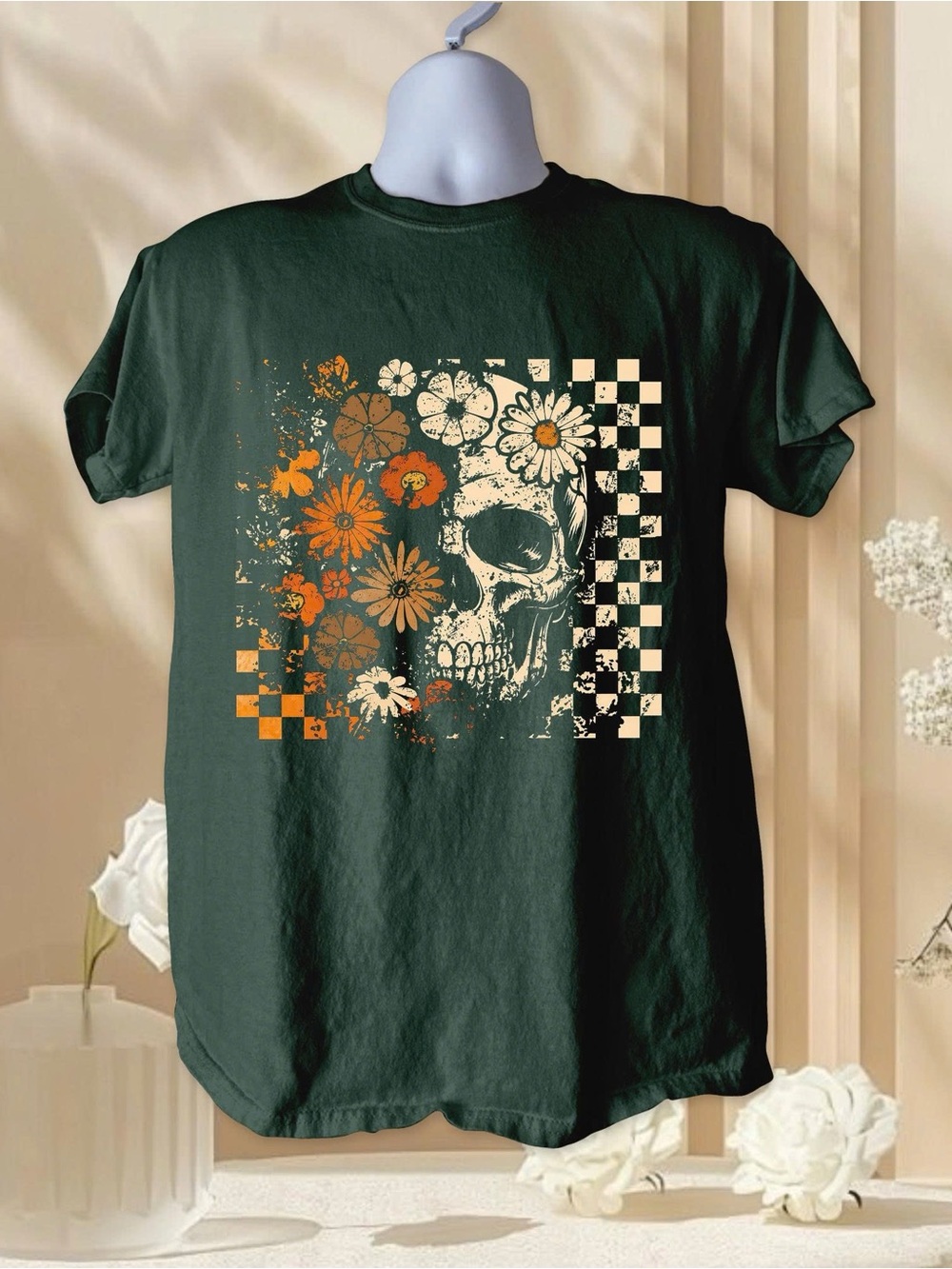 Forest Green Skull & Floral Graphic Tee